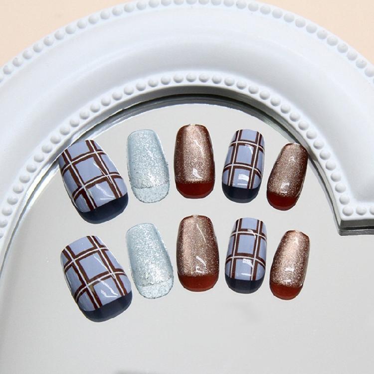 30Pcs Press on Nail Short Square Fake Nail with Plaids Cats Eye Designs Glues on Nail Glossy False Nail Artificial Nail