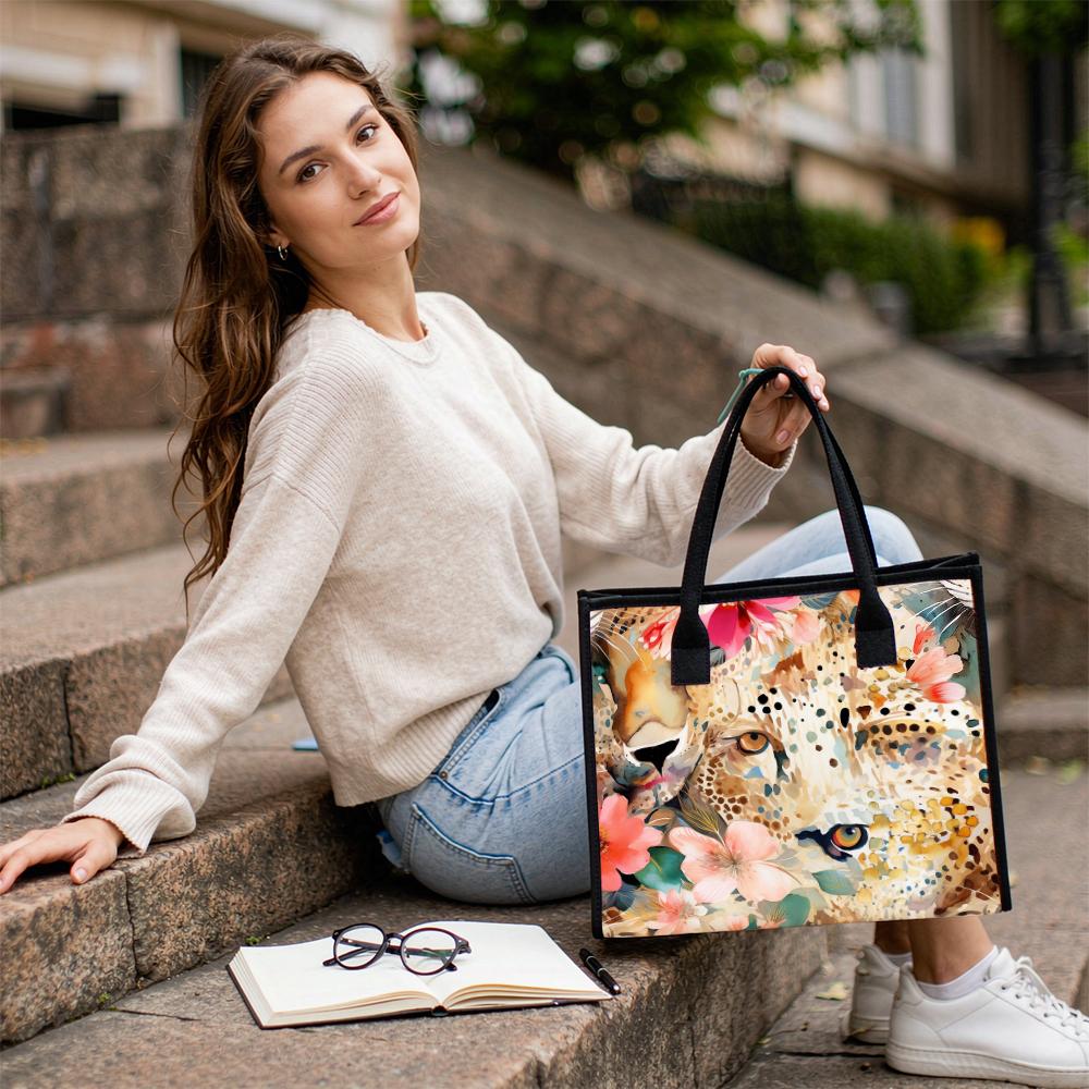 Floral Leopard Printed Tote Bag Large Capacity Casual Shoulder Handbag for Daily Use