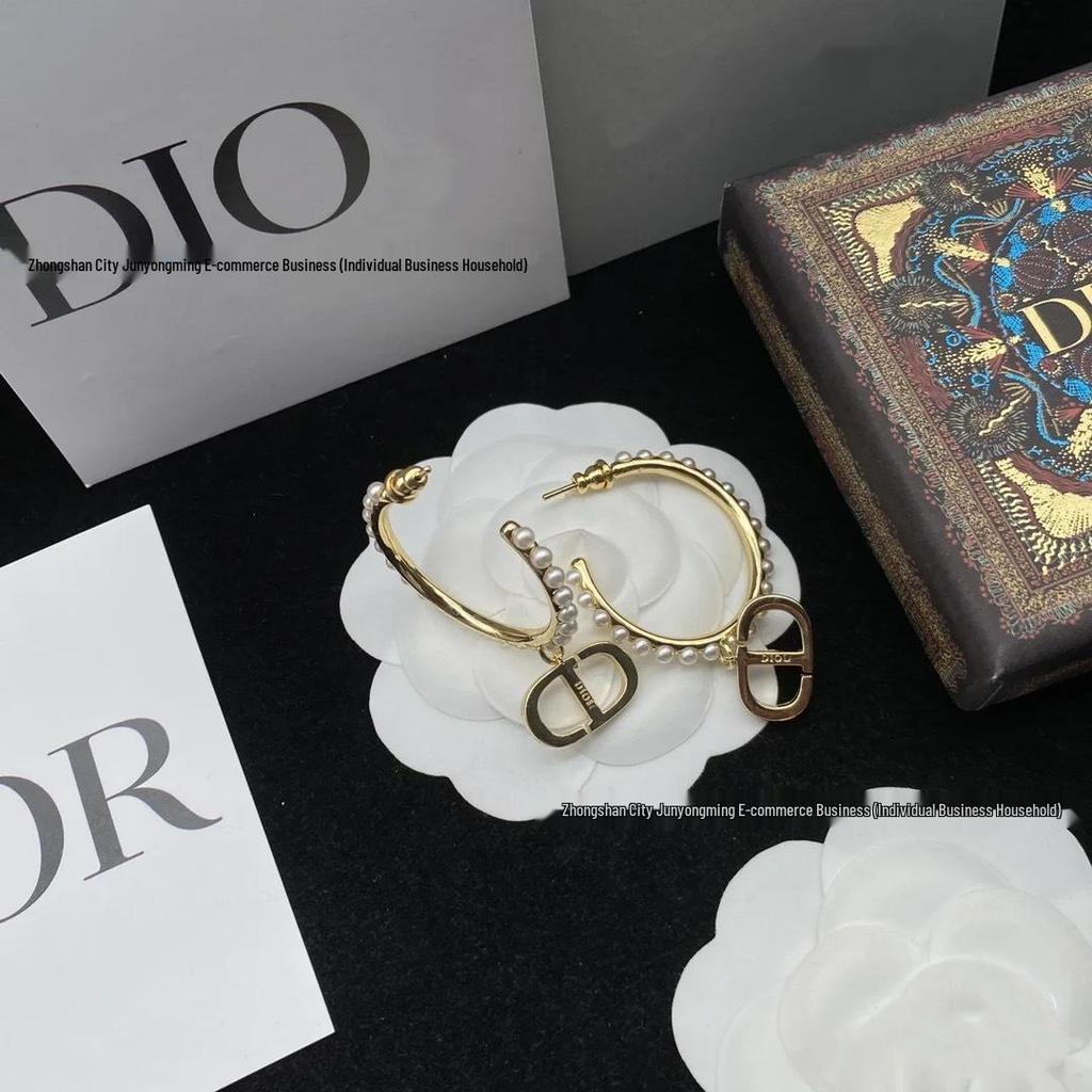 Women's Luxurious C-Shaped Pearl Tassel Earrings with CD Letter and Diamond Inlays