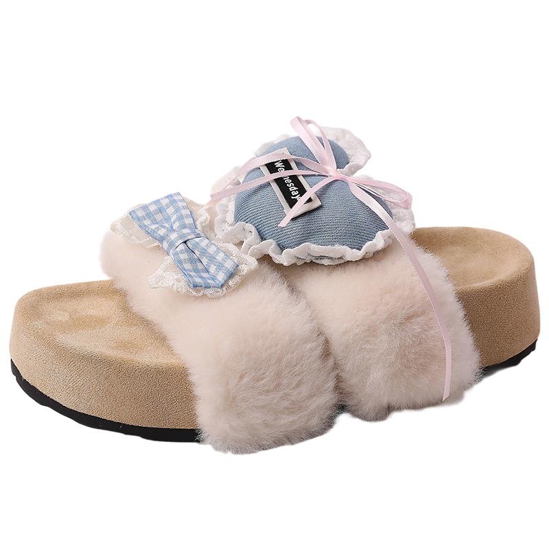 Girls' heart bow fashion fluffy shoes women's autumn and winter new thick-soled heightening cotton slippers