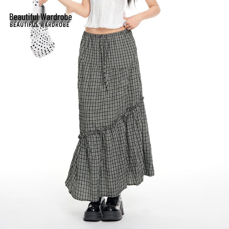 BEAUTIFUL WARDROBE Women's Retro Plaid Pleated Midi Skirt