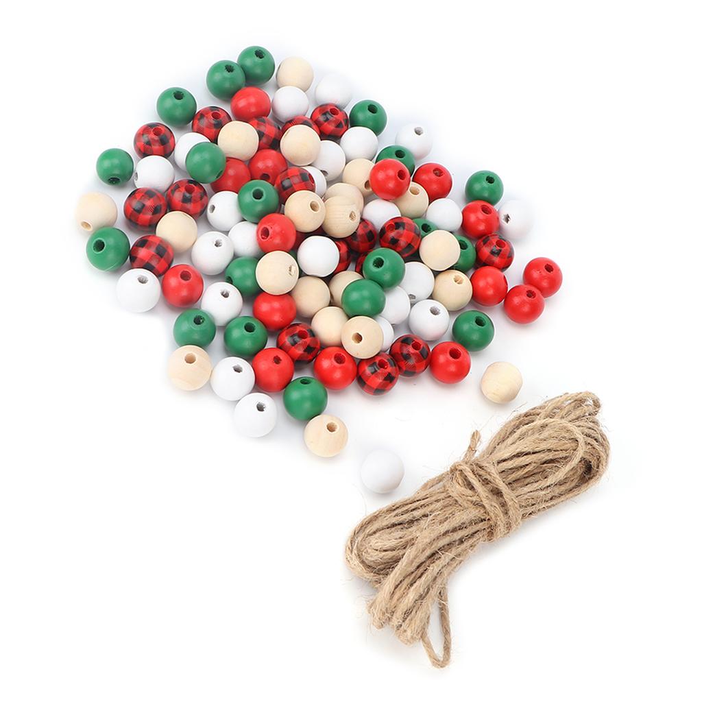 200Pcs DIY Christmas Wooden Beads Set 5 Colors Bead String Decoration Accessories for Beauty Salon with Twine