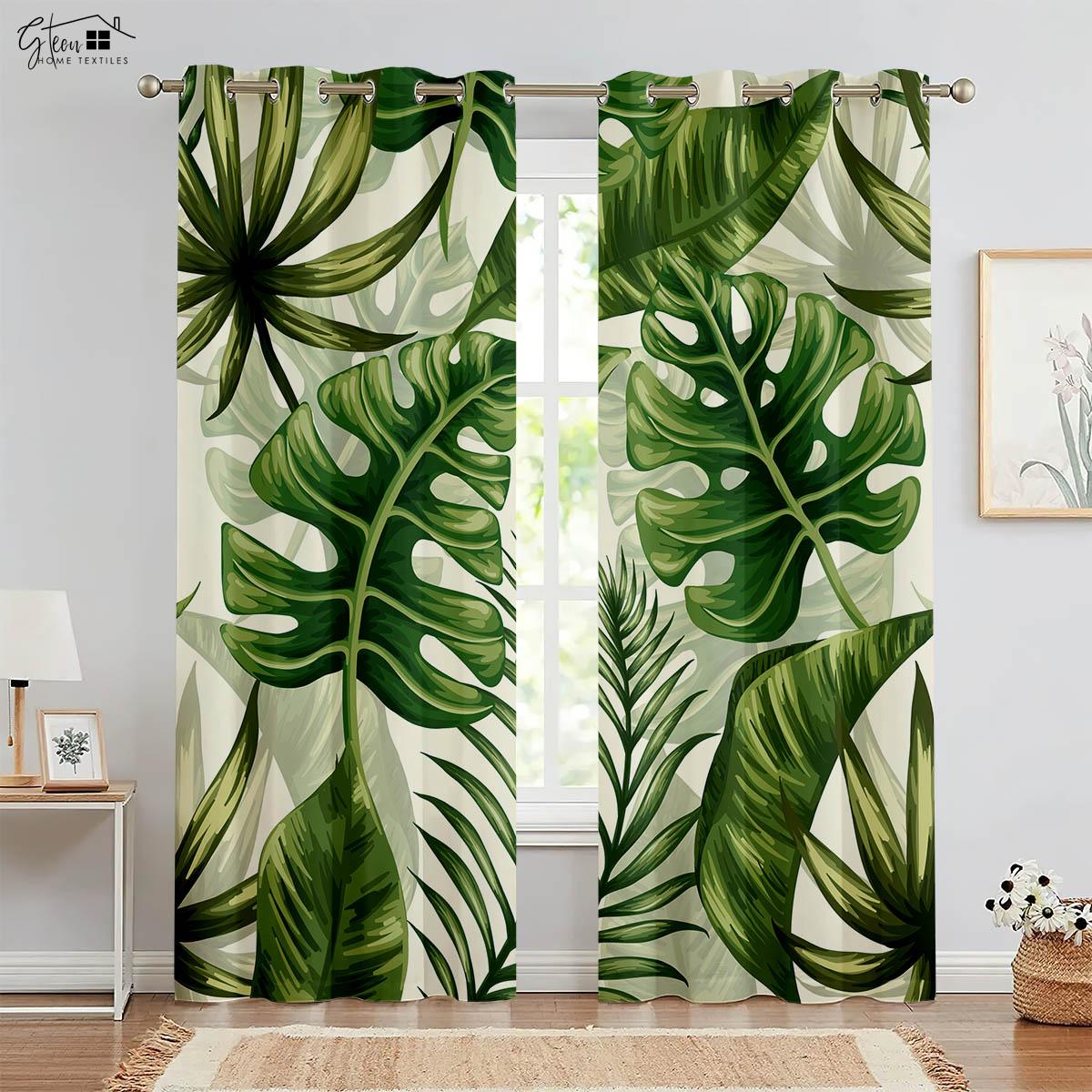 

Nordic Ins Design Fresh As well as Simple Green Plant Curtains Southeast Asia Tropical Rainforest Hotel Homestay Live Background Curtain W50xH130(CM)x2PCS&Grommet Top