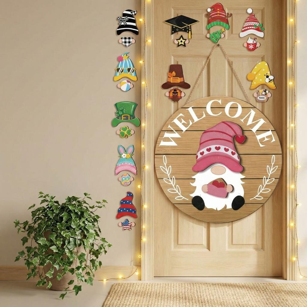 Interchangeable Wooden Gnome Decor Holiday Seasonal Gnome Decorations With Magnet Pieces And Detachable Hats Changeable Welcome Sign For Home