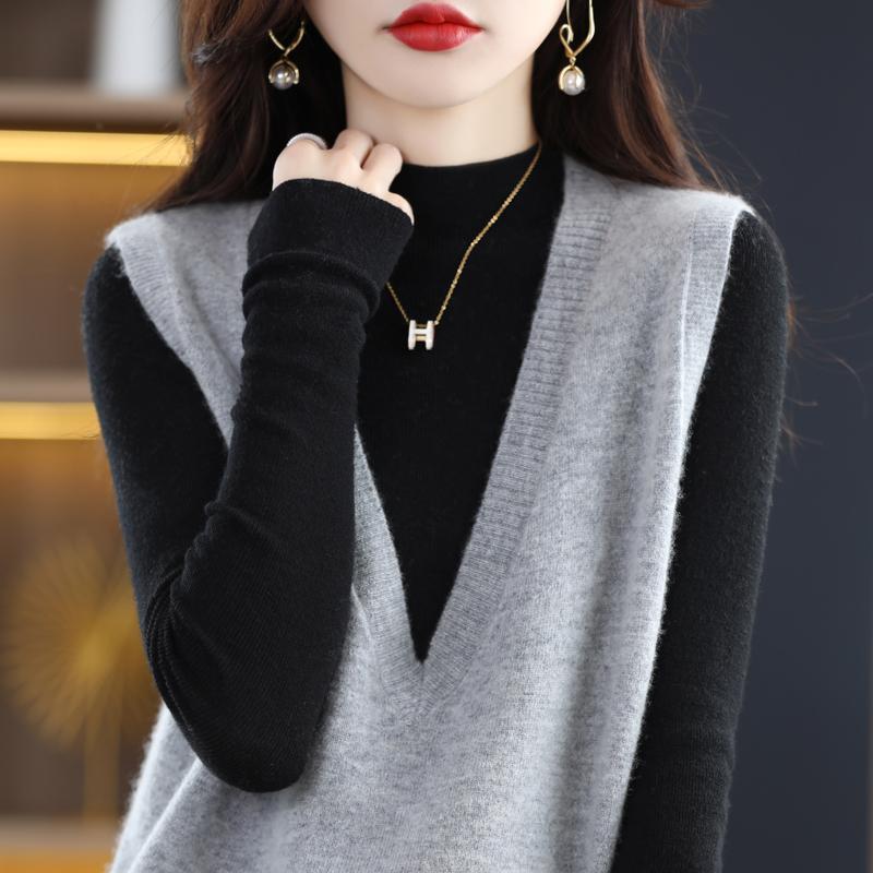 Dámská vesta s výstřihem do V, kašmír Qinghe, 30 % kašmír 70 % vlna, zimní pletený svetr podzimní svetr kašmírový svetr