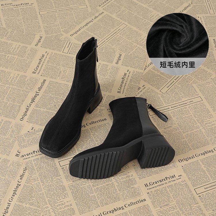 2025 Martin Boots Women's New Thin Foreign Boots Thick-soled Martin Winter Velvet Autumn and Winter Square Head Short Boots Fashion