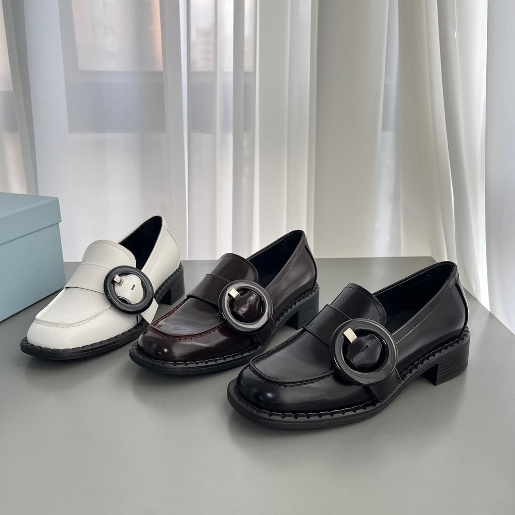 Platform British style belt buckle loafers round head lazy one pedal thick heel small leather shoes single shoes