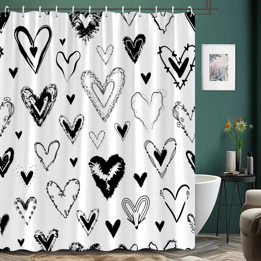 

Black And White Heart Print Shower Curtain Abstract Geometric Pattern Modern Simple Home Shower Curtain Polyester Bathroom Decor W60H190(CM)-1 Pcs