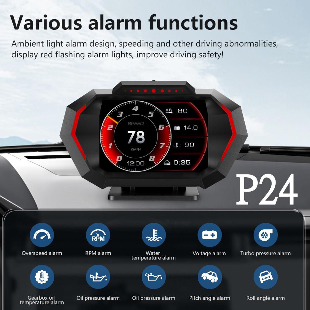 

P24 HUD OBD2 Автомобильный дисплей GPS спидометр 10 Функции сигнализации Многофункциональный расход топлива Температура воды Обороты в минуту Наклон