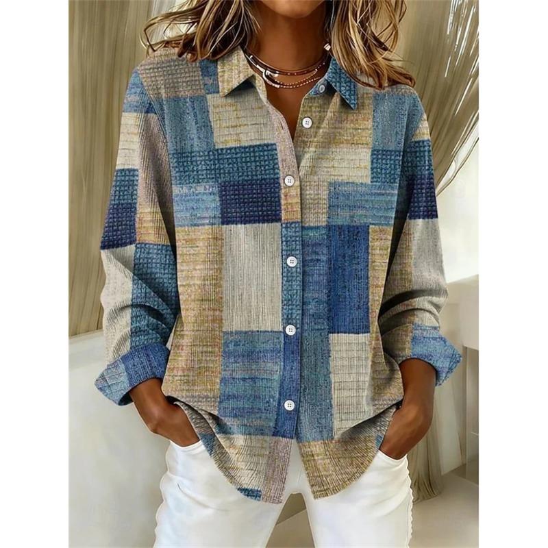 Fashionable Women's Oversized Long-Sleeve Shirt Comfortable And Breathable Collar Design 3D Patchwork Color-Printed Trendy Shirt