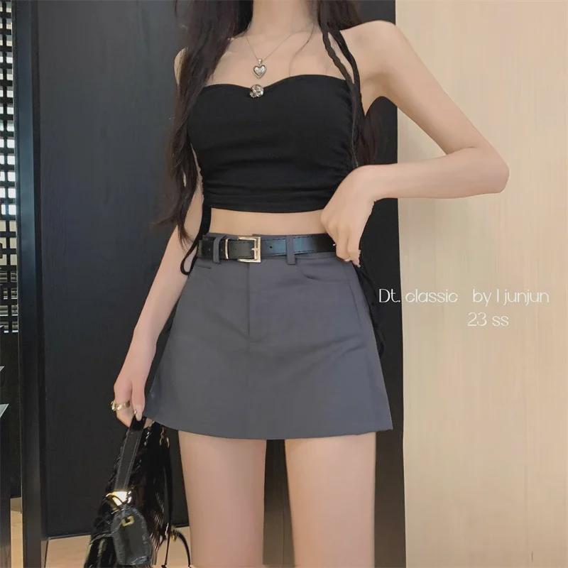 Spring 2024 Women's High-Waist Gray A-Line Skirt - Slim Fit, College Style