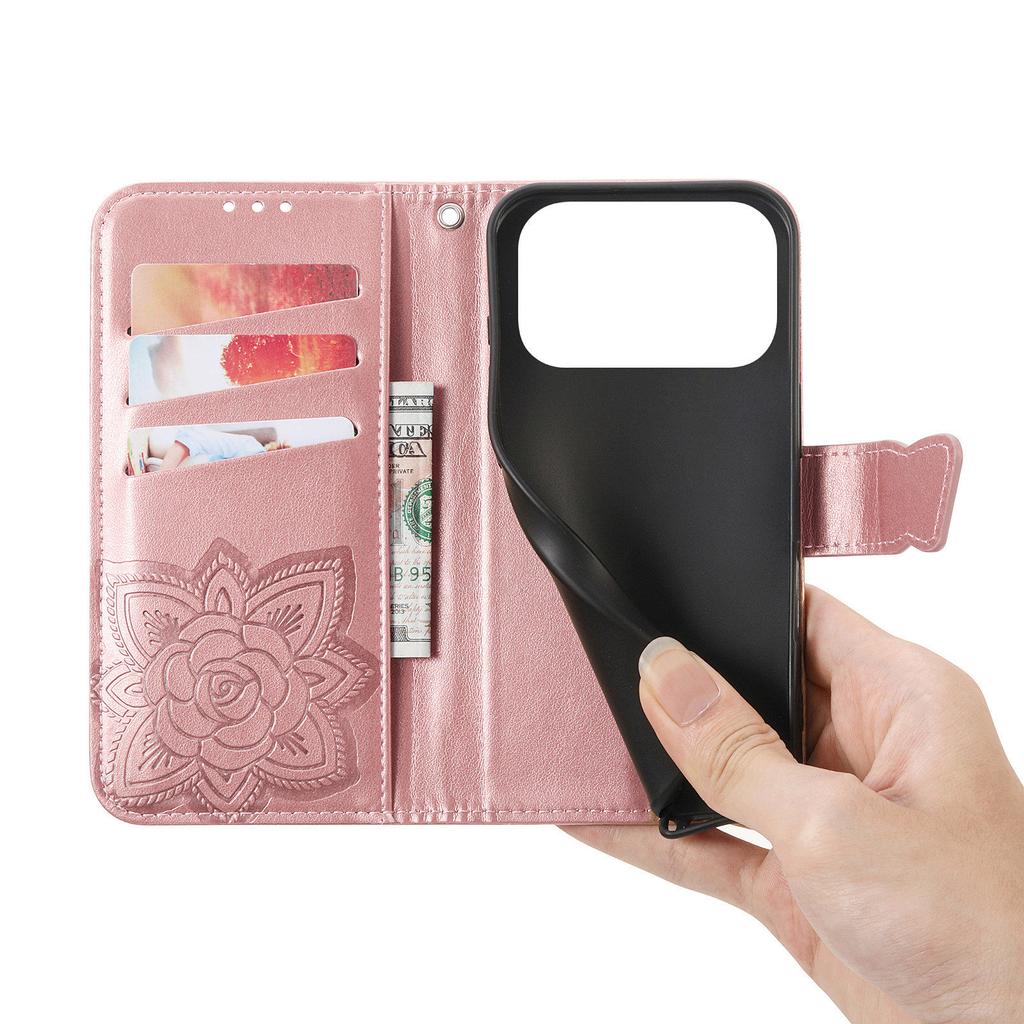 For iPhone 17 Pro Case 3D Rhinestone Decor Butterfly Flower Leather Phone Cover with Wrist Strap