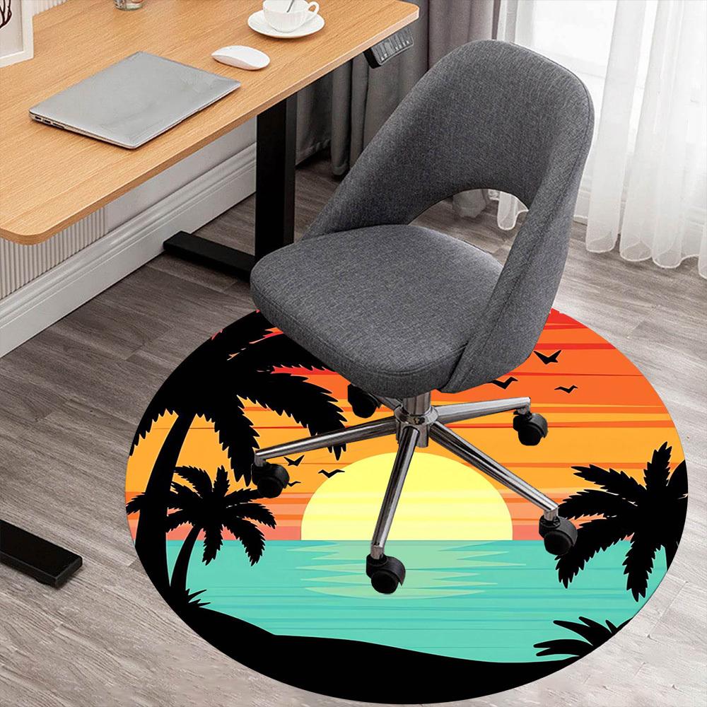 1pc Sunset Palm Trees Round Chair Mat Area Rug - Non-Slip, Floor Mat for Office, Bedroom, Home Decor Christmas Gift P0811203
