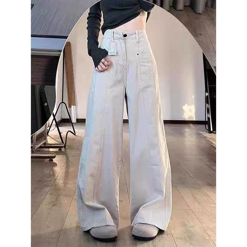 

145 Small American Style High Waist Sand White Unifrom Denim Female Personality Stitching Straight Wide Leg Draped Pants Sand White small section XL