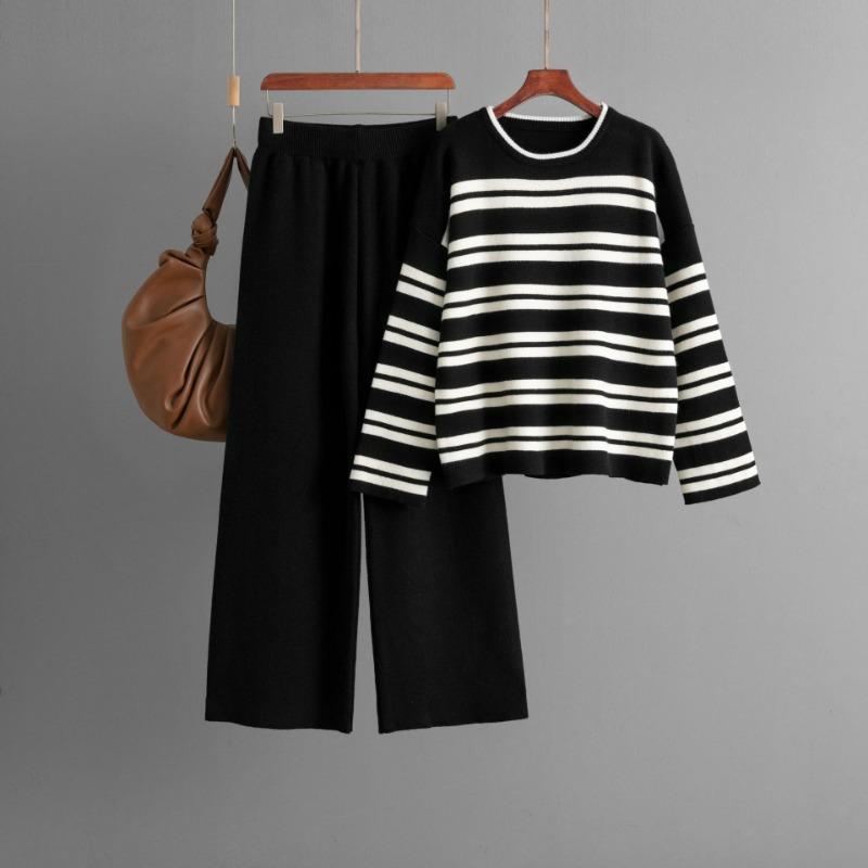 Striped sweater set autumn and winter new loose fashion casual wide-leg pants knitted two-piece set