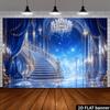 2D Flat Banner, Luxury Palace Backdrop, Crystal Chandelier, Spiral Staircase, Dreamy Blue Drapes