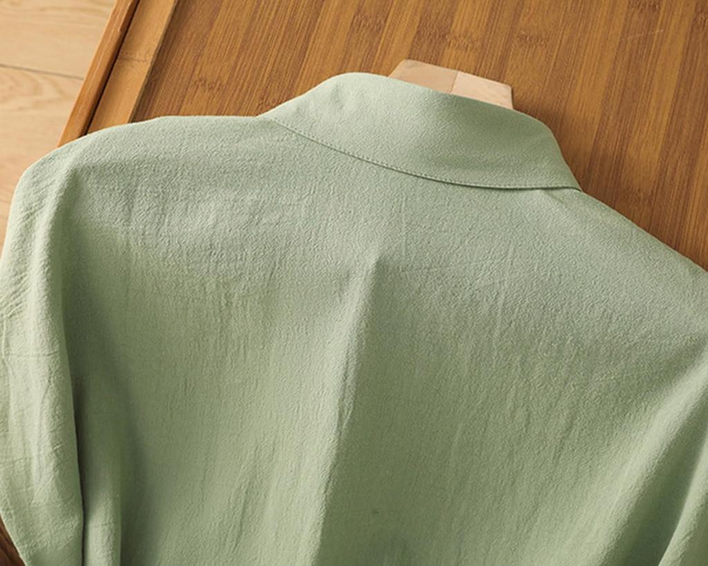 Short Loose Cotton Large Size [ODFMCE] Women's Shirt, Sleeve, Summer, Fit, Linen, Plain, Slimming, Thin, Stylish, Office, (JP, Alphabet, 2XL, Green)