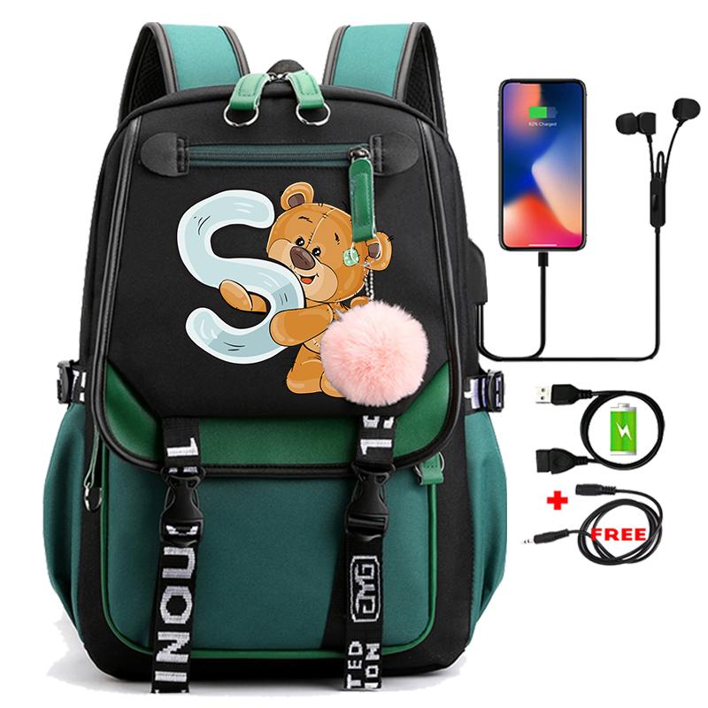 Lovely Little Bear 26 English Letters Student School Bag Backpack Outdoor Teenage Girl Cartoon Bookbag Laptop Travel Rucksack