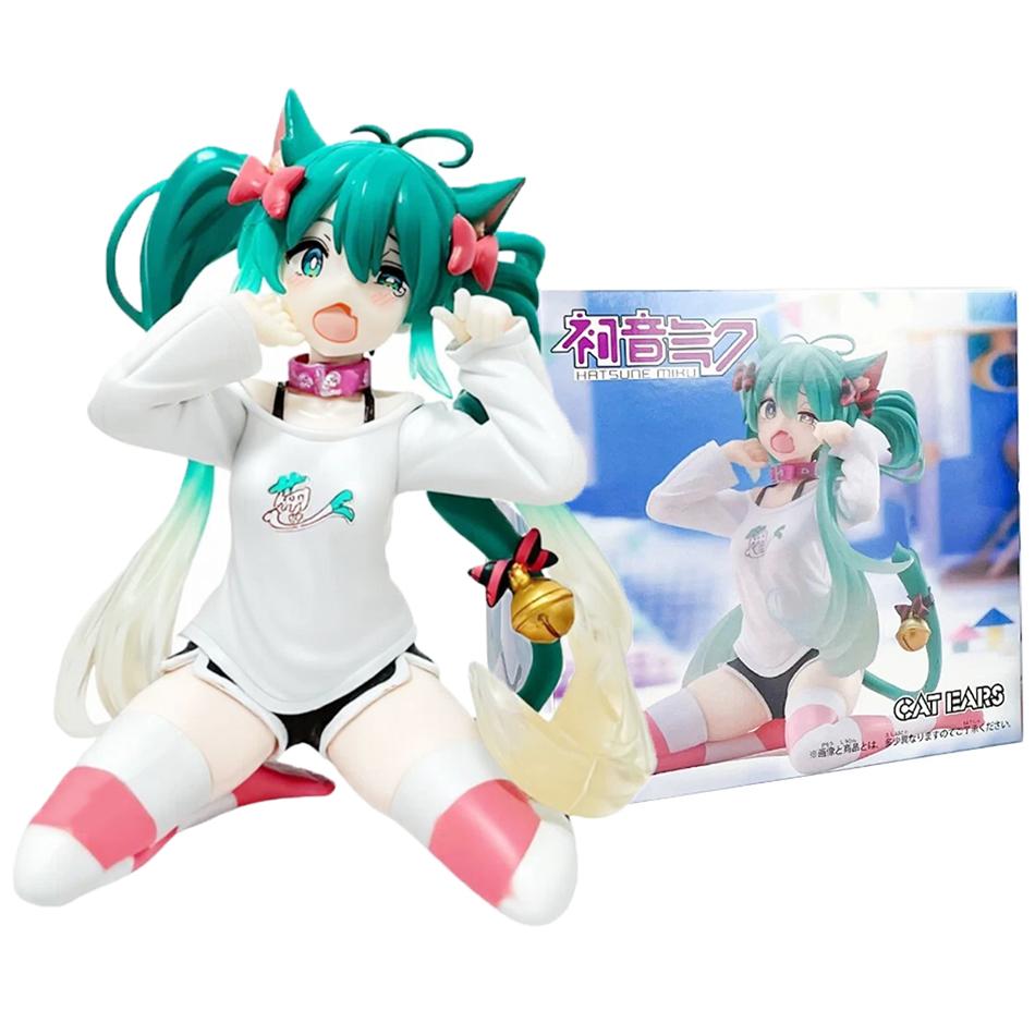 Anime Beautiful Girl Hatsune Sitting Posture Handmade Cat Hatsune Cute Miku Four Leaf Clover PVC Model Anime Birthday Gift