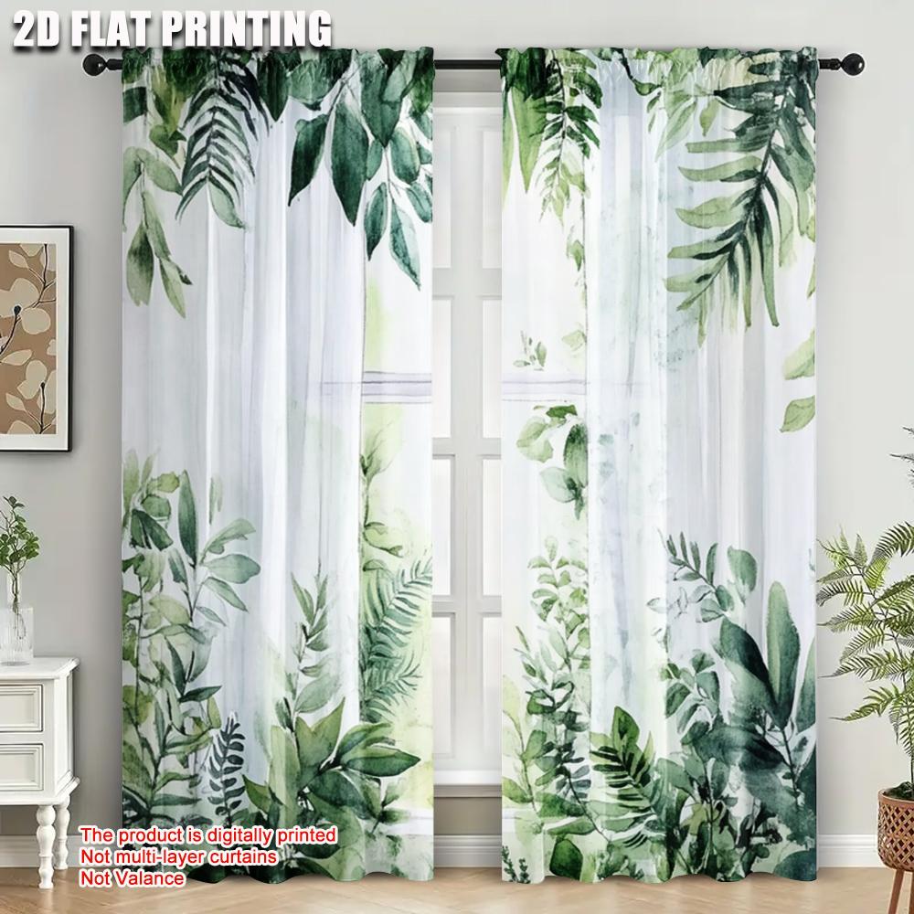 2 pezzi Tende e Drappeggi Stampa 2D Foglia Verde Tessuto in Poliestere Versatile (senza asta) Svuota tutto per varie stanze