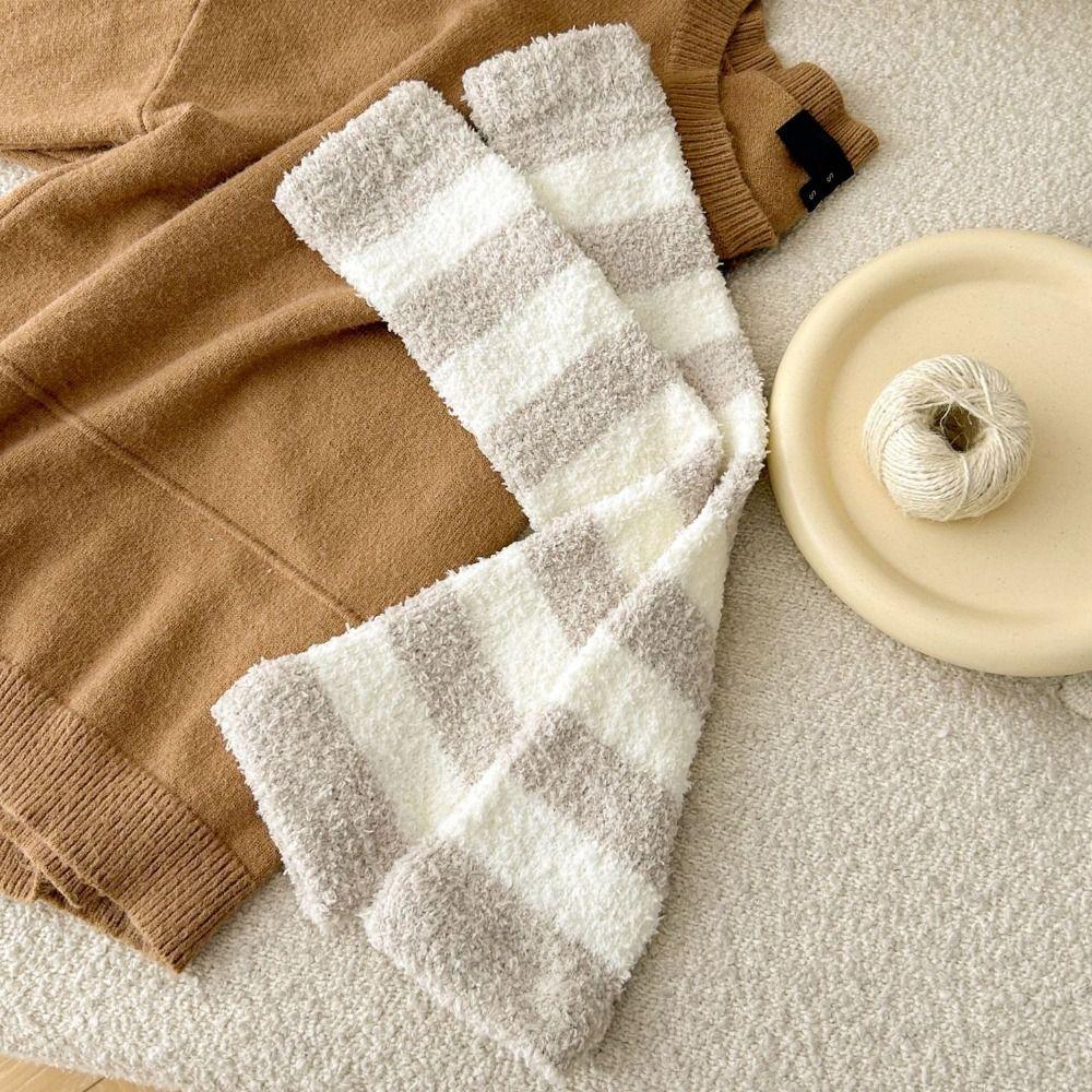 Thicken Warm Long Tube Sock Cover Stripe Foot Warmer Kawaii Coral Fleece Stockings  Autumn