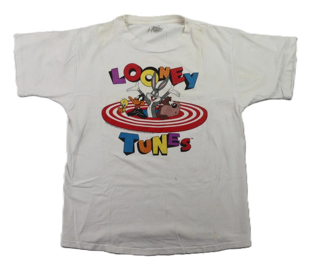 Vtg 90s 1995 US Large Looney Tunes Logo Bugs Tweety Taz Daffy T Shirt White