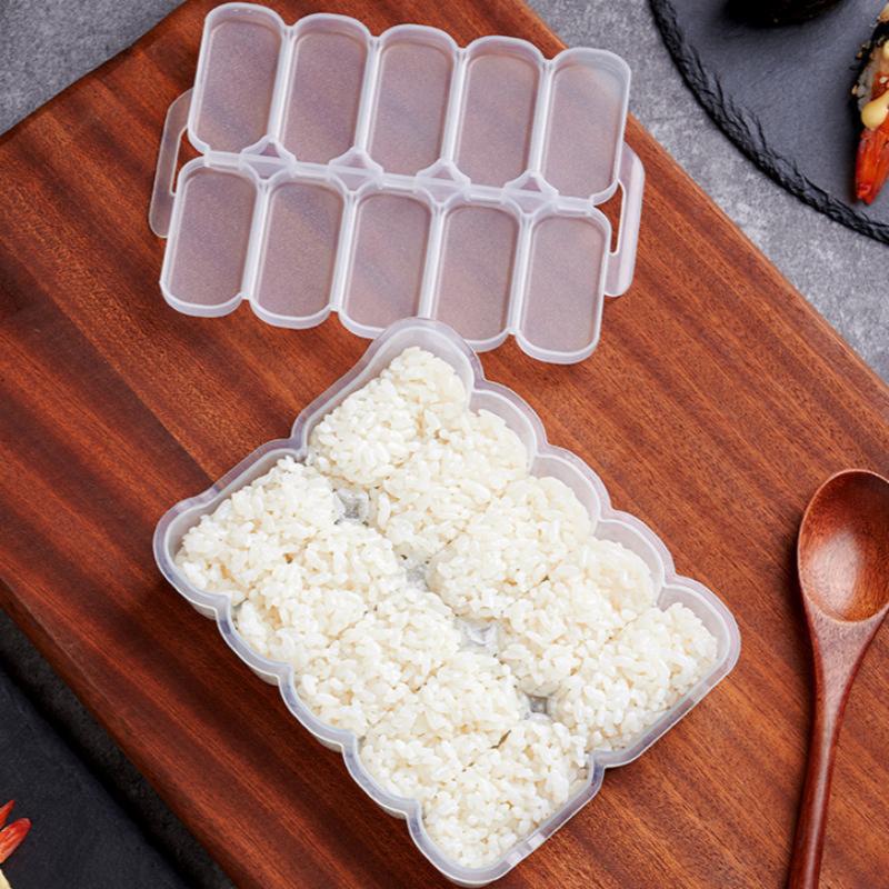10 Fächer Reiskugelform mit Reislöffel Sushi Antihaft-Druckaufbewahrungsbox Mittagessen Werkzeug DIY Heimküche Klare Onigiri-Formen