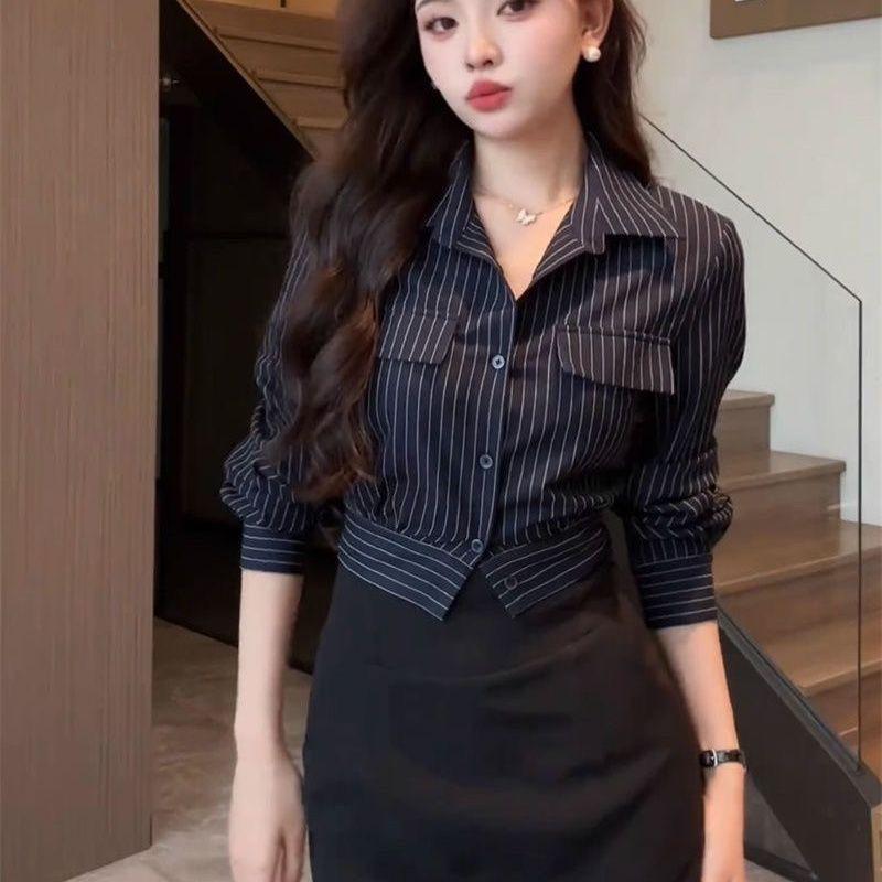 

French Style Temperament Polo Collar Stripes Single-Breasted Long Sleeve Shirt Women s Early Autumn New Design Sense Outwear Slim Looking Tops Navy blue XXS