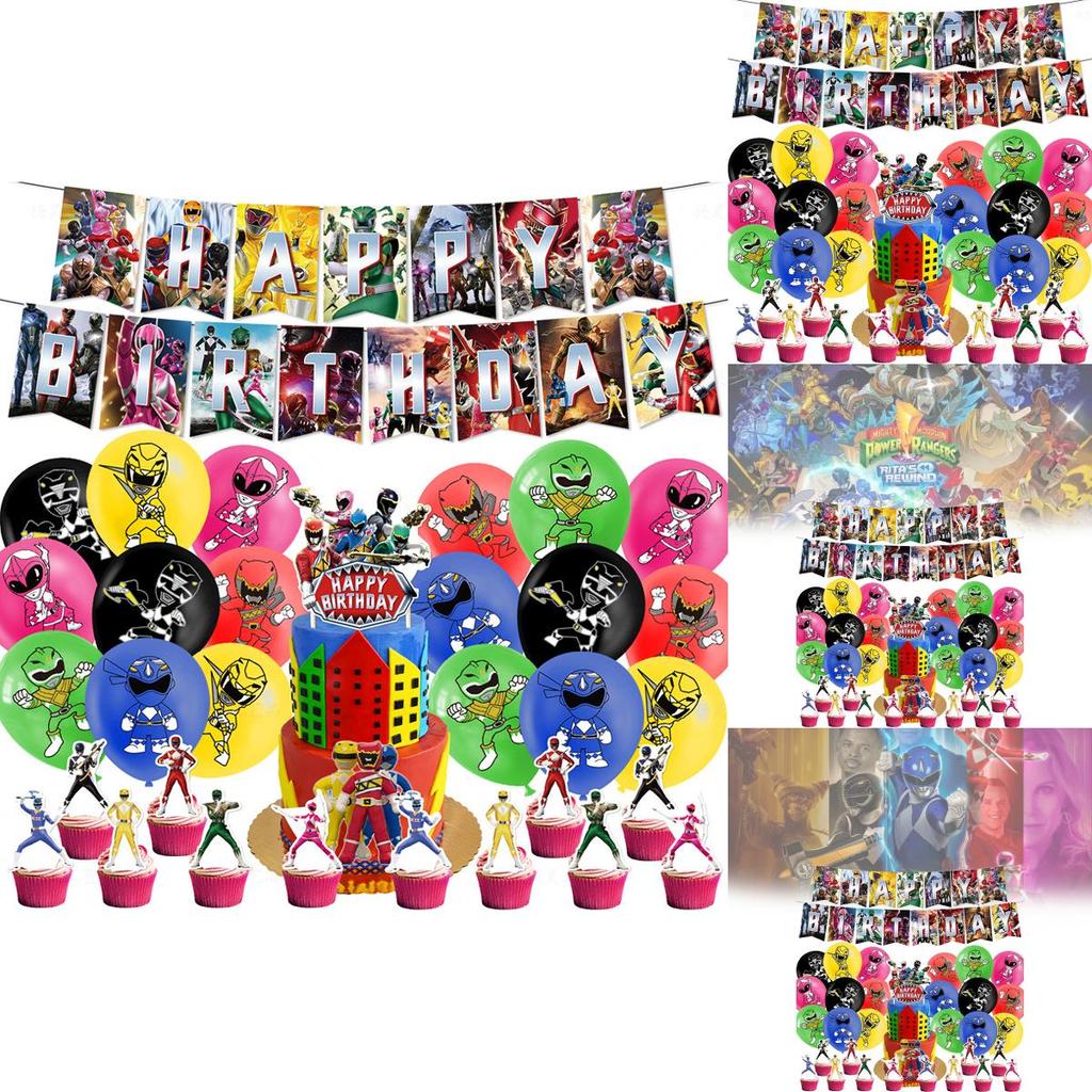 Decorazioni per Festa di Compleanno dei Mighty Morphin Power Rangers Con Palloncini a Tema Dinosauro e Bandierine per Torta Per Ragazzi