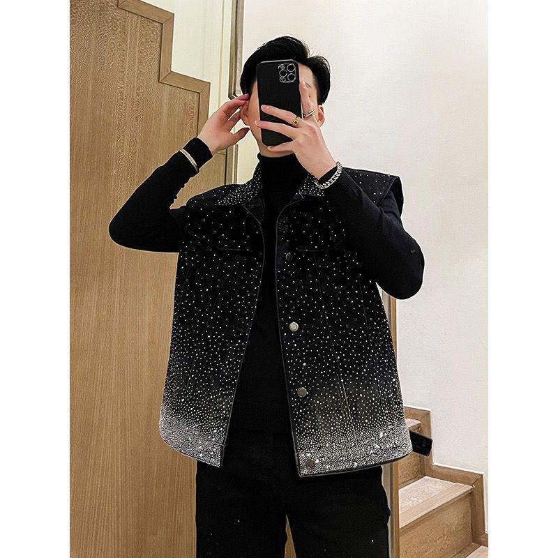 High sense heavy industry hot diamond gypsy denim vest jacket men s versatile loose sleeveless vest vest vest tide M