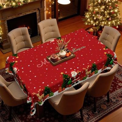 Christmas Red Festive Tablecloth, Santa Reindeer Gift Tree Waterproof Coffee Table Tablecloth, Family Tablecloth