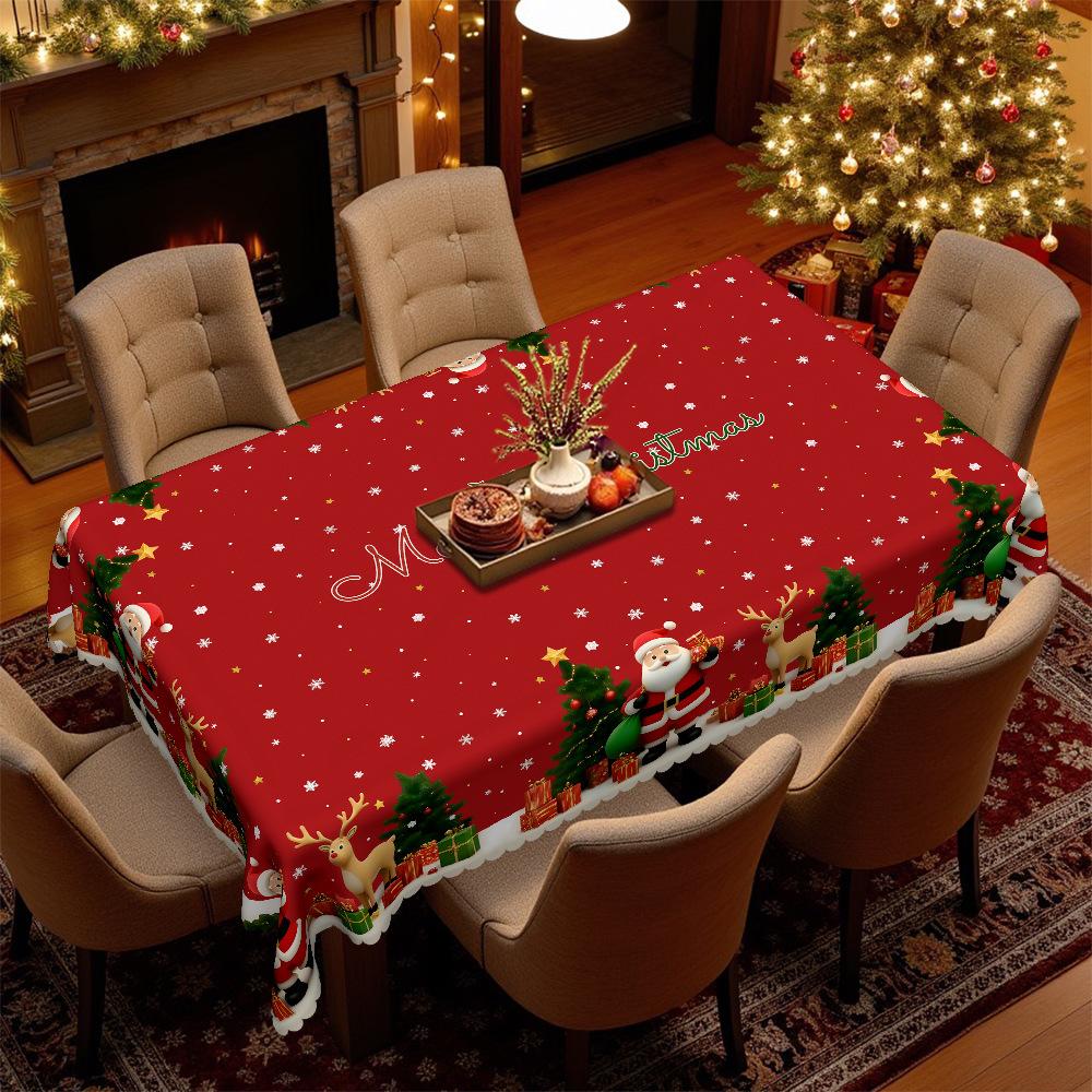 Christmas Red Festive Tablecloth, Santa Reindeer Gift Tree Waterproof Coffee Table Tablecloth, Family Tablecloth