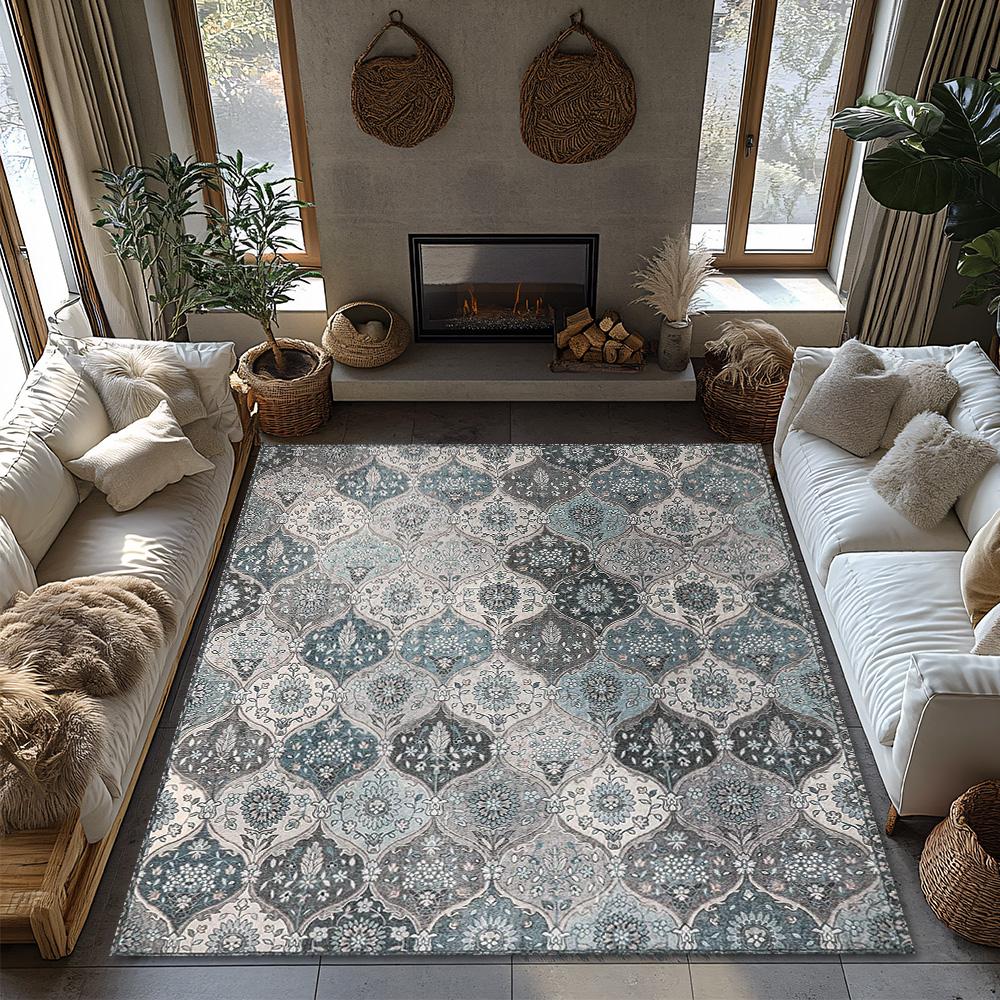 Bohemian Blue White Area Rug, Non-Slip Vintage Persian Pattern Living Room Carpet, Washable Low Pile for Bedroom Hallway Decor