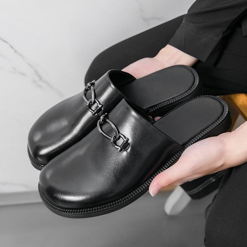 Men's bag head slippers 46 large size new half-drag leather shoes fashion trend foreign trade men's foot lazy shoes