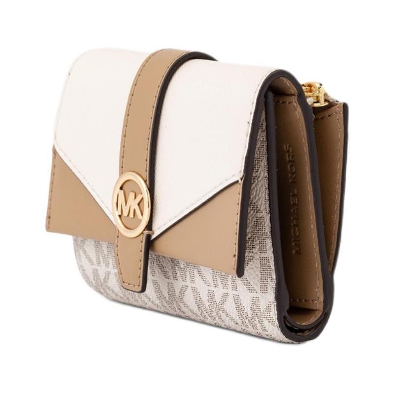 Michael Kors Greenwich Logo Tri-fold Design Coated Canvas Wallet Medium Women's Cream White with Brown