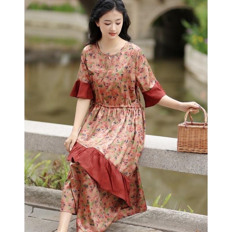 Johnature Woman Summer Fashion Print Devise Half Sleeve Dress Splicing Contrast O-Neck Dress
