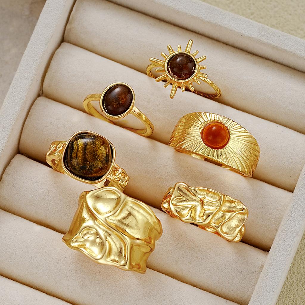 6Pcs/Set Vintage Sun Flower Tiger Eye Stone Rings for Women Irregular Gold Color Aesthetic Open Rings Fashion Jewelry Gifts