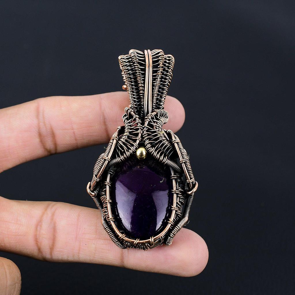 Unique Purple Flash Labradorite Gemstone Handmade Pure Copper Wire Wrapped Pendant Jewelry