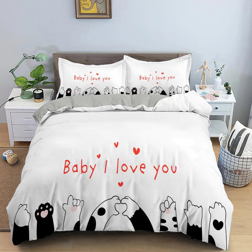 Sevimli Evcil Kediler Yatak Takımı Karikatür Yavru Kedi Baskılı Yorgan Kılıfı Yastık Kılıfı Kız İkiz Tam King Çift Kişilik Polyester Yorgan Kılıfı
