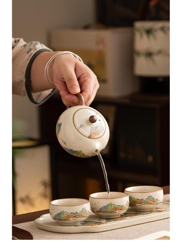 "A Thousand Li of Rivers and Mountains" Luxury Tea Set – Teapot & Teacups Gift for Teachers, Elders, Leaders
