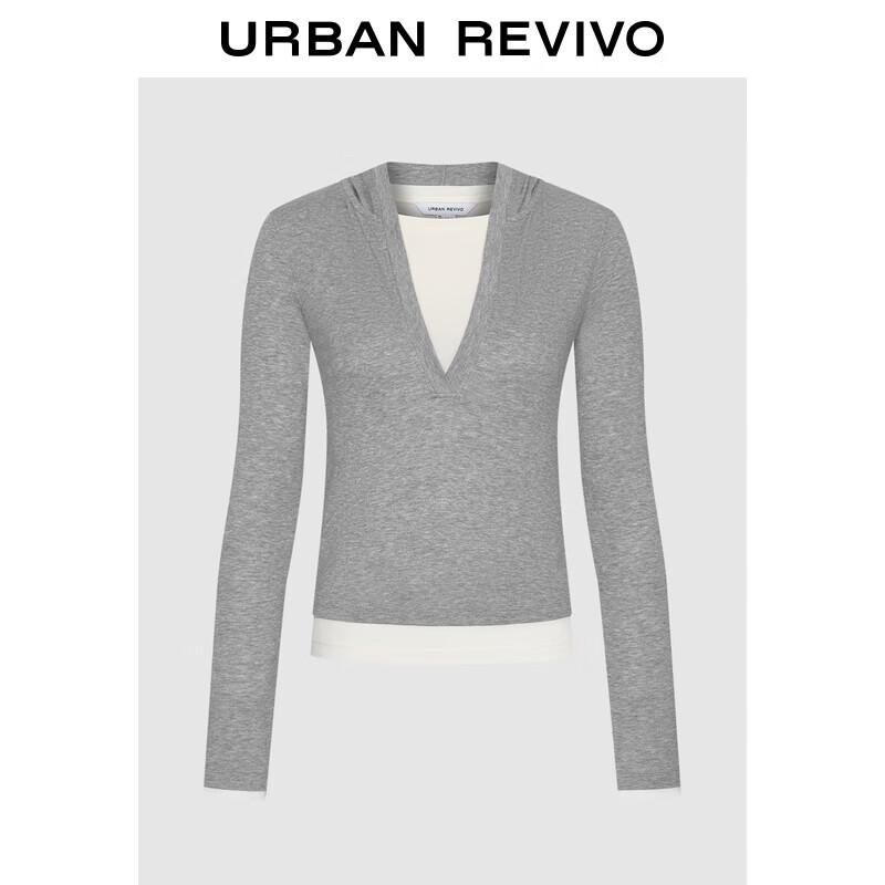 UR2025 Women s Casual Contrast Faux-Layer Hooded T-shirt S