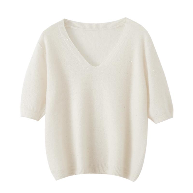 Women's Starry Sky Sequin V-Neck Pullover Sweater, Half-Sleeve Versatile Knit Top