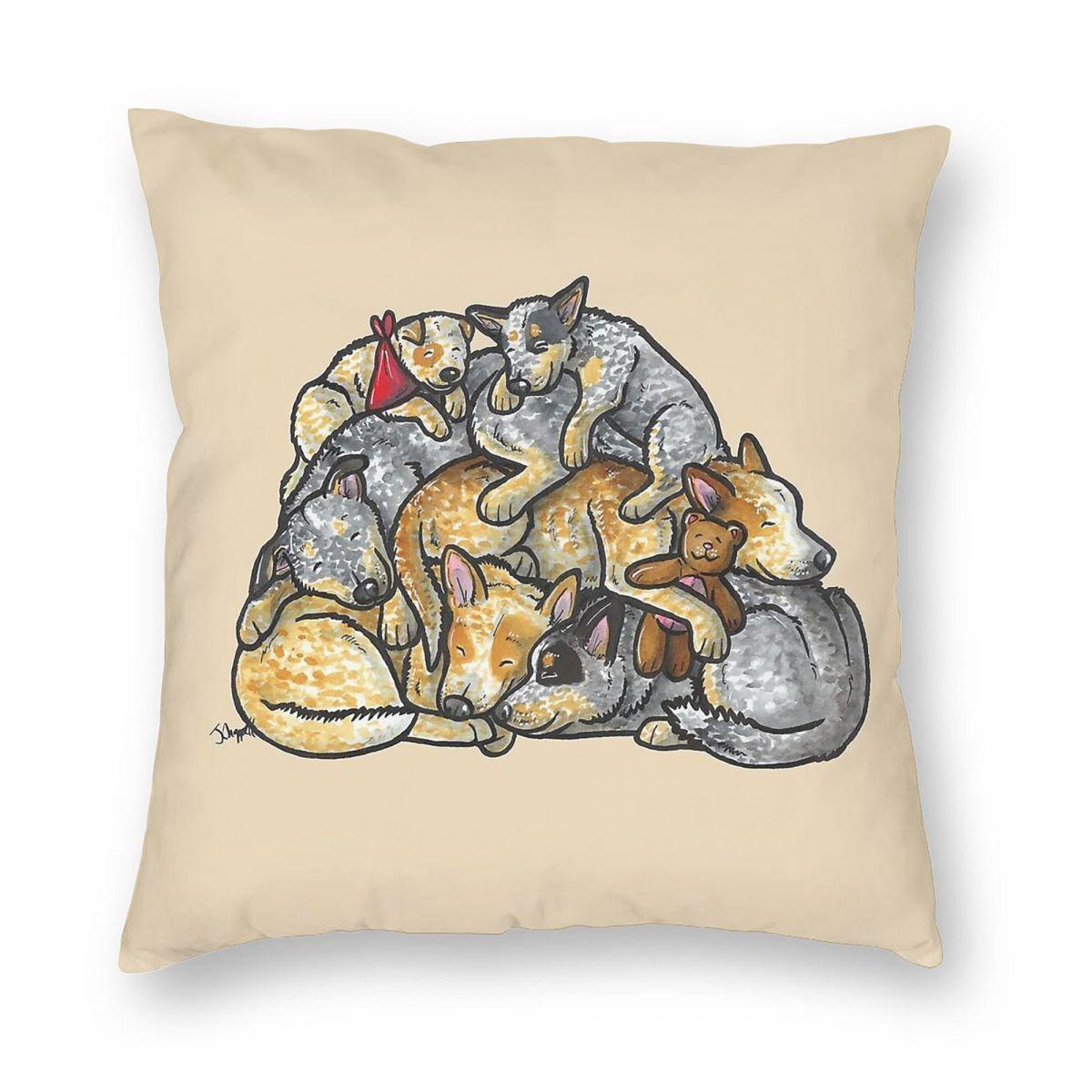 Sleeping Pile Of Australian Cattle Dogs Square Pillowcase Polyester Linen Velvet Pattern Zip Decor Throw Pillow Case Home Cover Peach skin 18*18(CM)-1Pcs