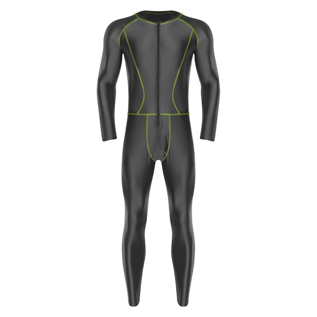 Glänzender Kompressions-Jumpsuit für Herren, Slim Fit, Außen mit flachen Nähten, Reißverschluss vorne, Langarm, Lange Hosen, Yoga-Romper