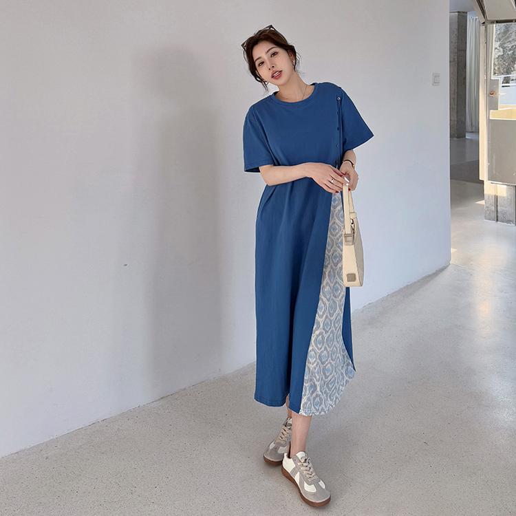 

DIMANAF Женское летнее платье-рубашка больших размеров 2025 Базовое платье-макси с коротким рукавом и круглым вырезом, свободного кроя 2XL синий