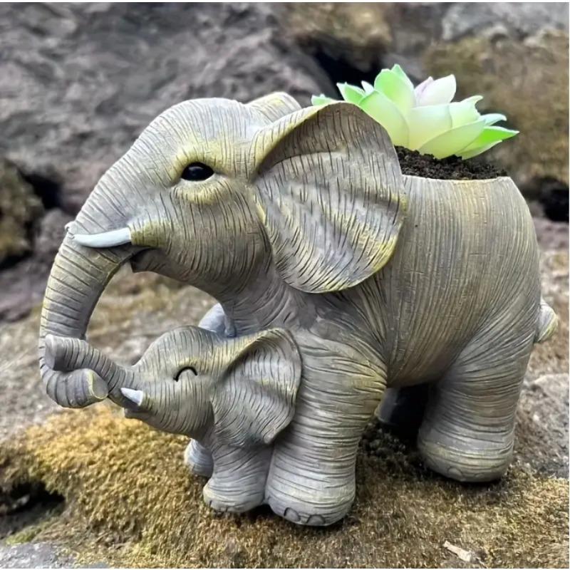 Vintage Resin Elephant Family Planter with Drainage Holes,Mother Baby Elephant Design, Realistic Texture decor for Patio Balcony
