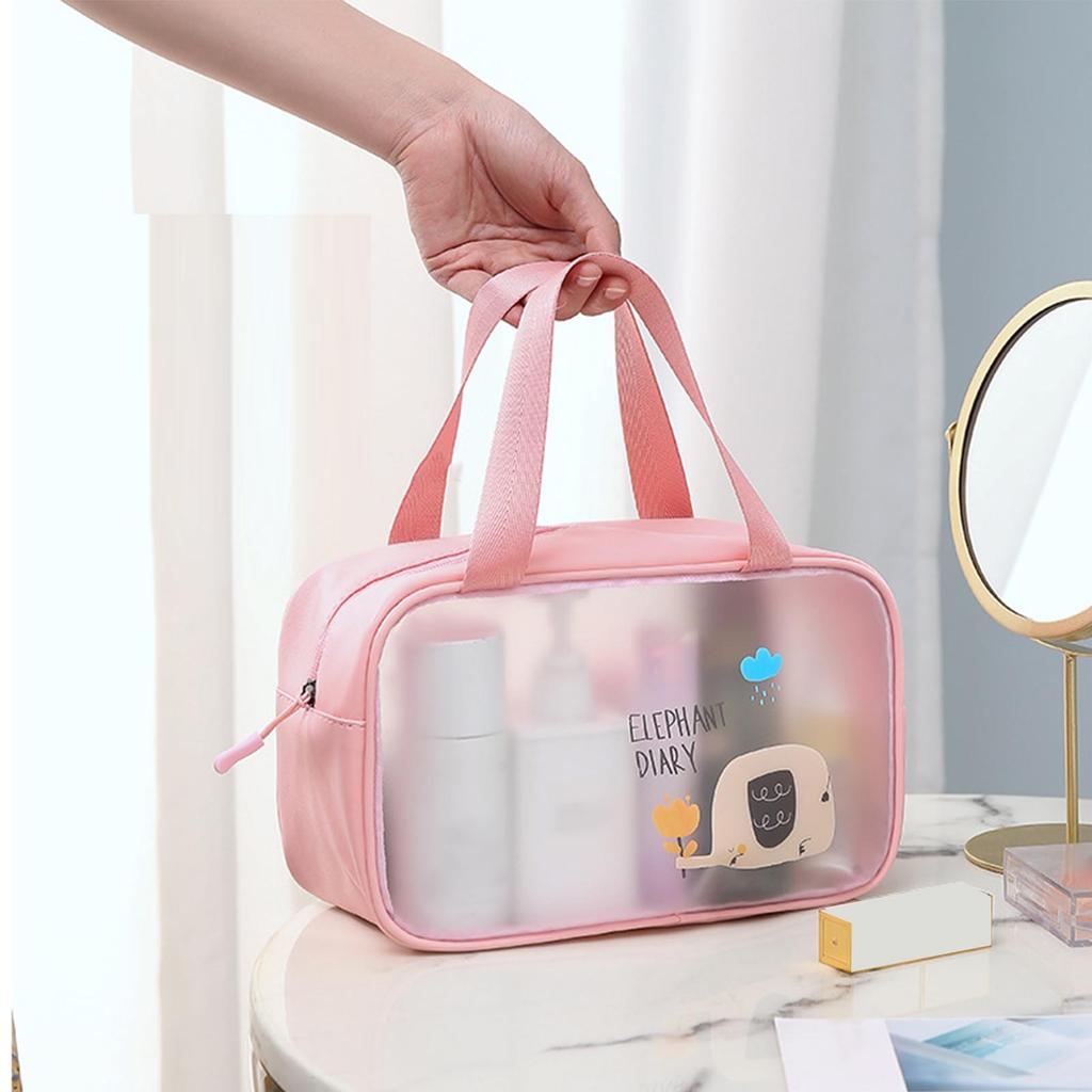 Cosmetic Bag PU PVC Clear Cartoon Pattern Handheld Waterproof L Size Makeup Bag for Swimming Toiletry Pink