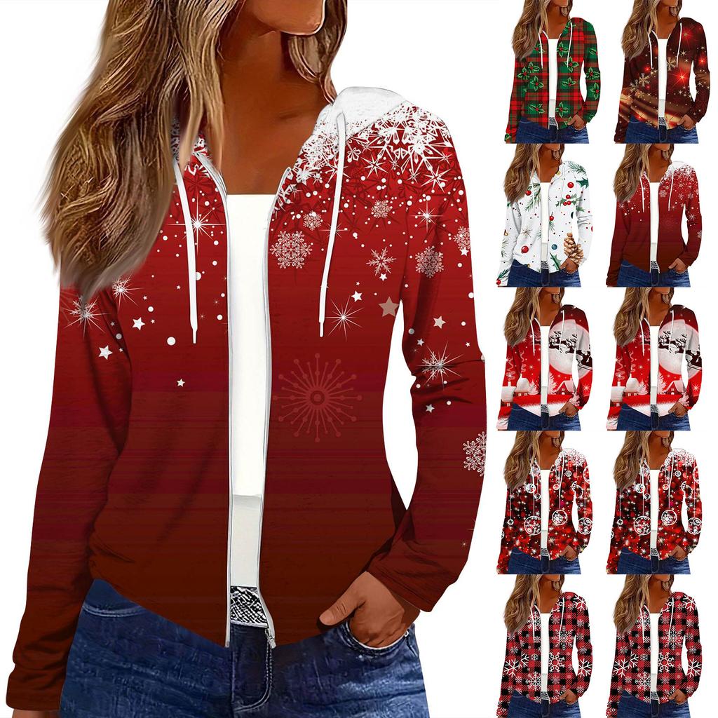 Women's Fashion Christmas Print Casual Zip-Up Long-Sleeved Hooded Jacket