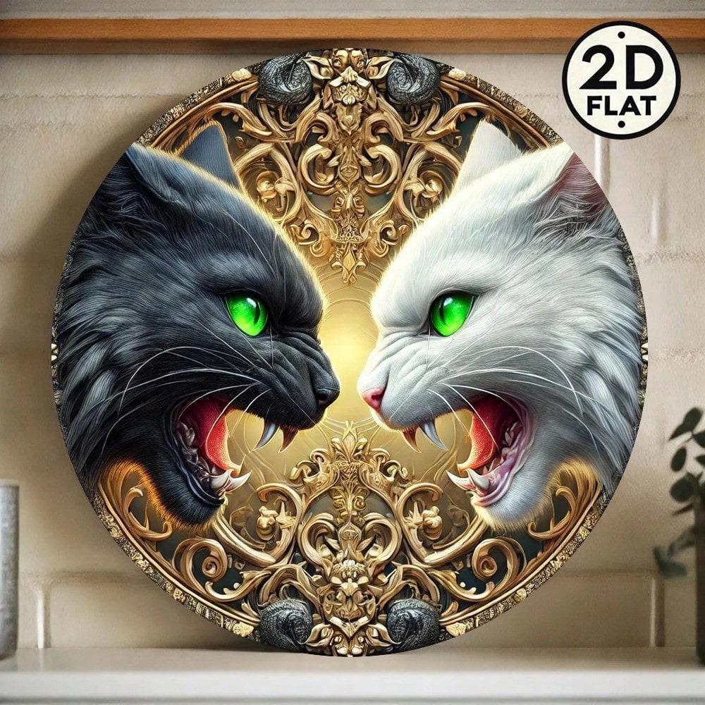 Generic Round Aluminum Sign Black White Cats Green Eyes Golden Ornate Frame Weatherproof