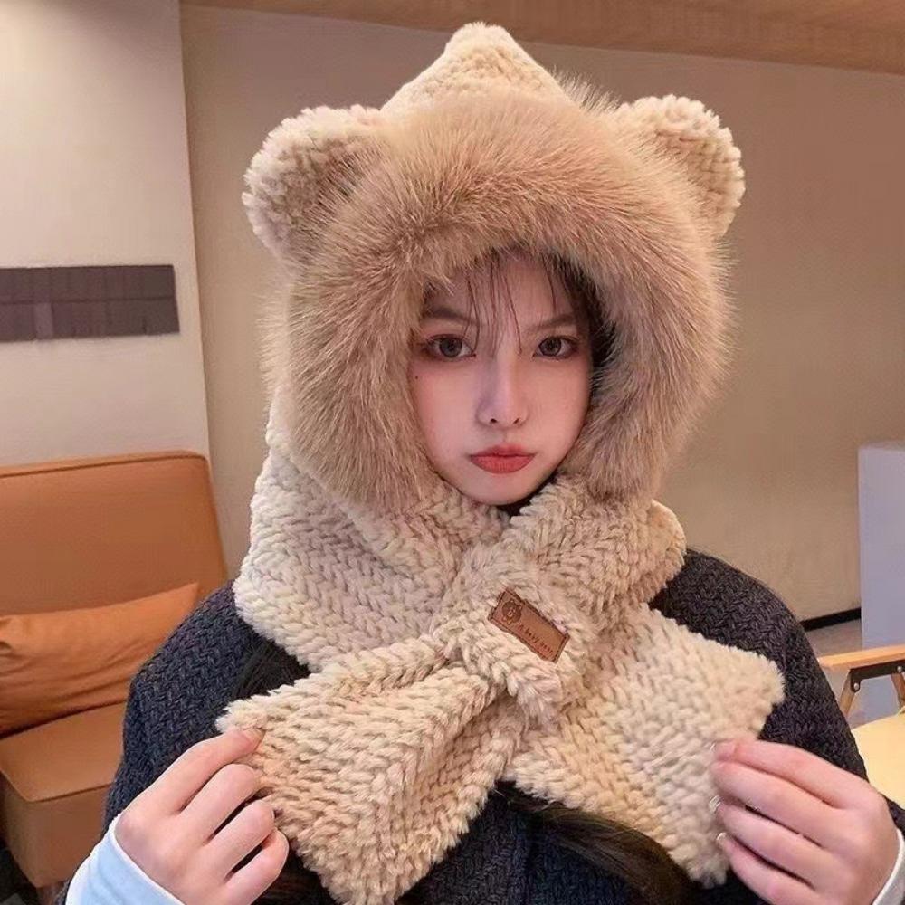 Plush Bear Hat Cute Face Small Windproof Warm Ear Protection Versatile Pullover Hat